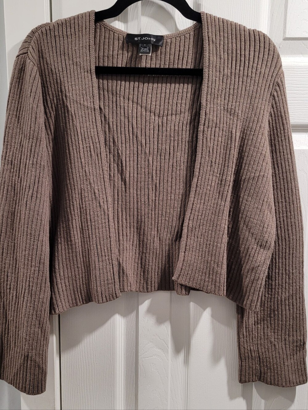 St. John Ribbed Open-Front Cropped Cardigan in Taupe Wool Blend Size Small